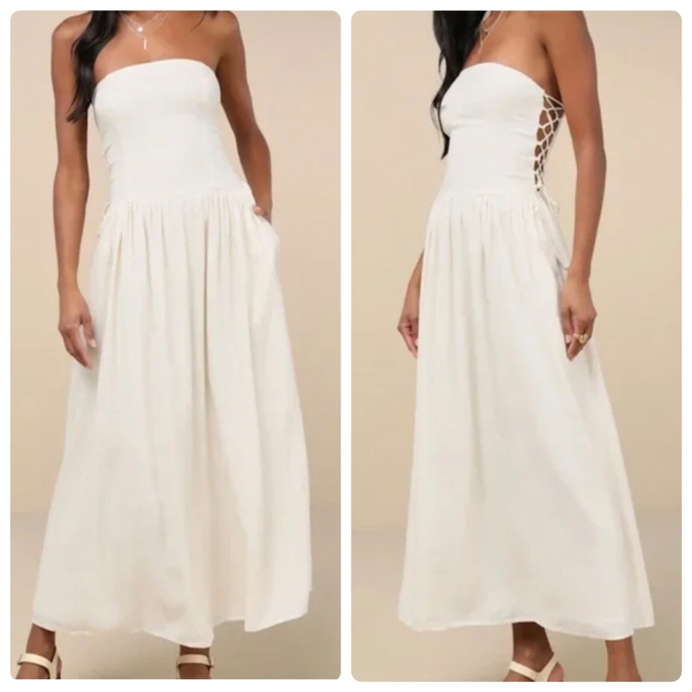Lulu's White Strapless Smocked Maxi Dress with Lace-Up Sides